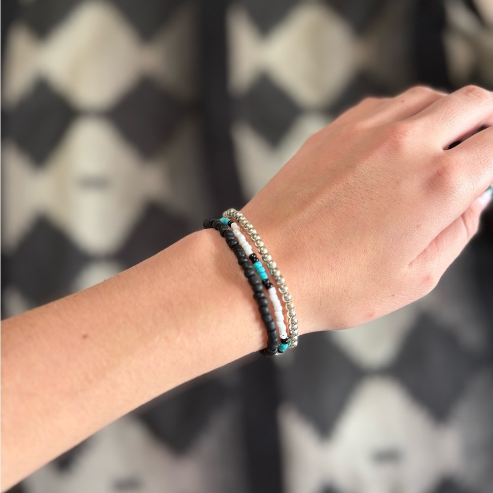 Silver, Black, and Turquoise Handmade Beaded Bracelet Set of 3